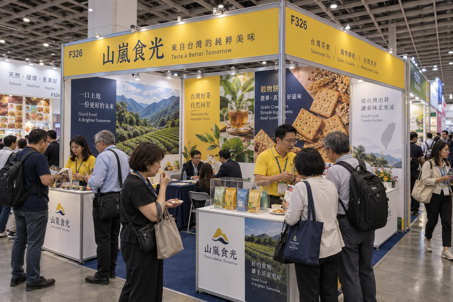 山嵐食光｜黃藍圖文、樣品接待檯與展館人流，構成食品品牌的參展面貌。