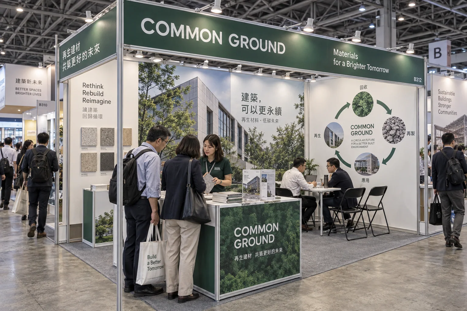共好之境|綠色招牌、大幅建築圖像與循環圖文,串連樣板展示及洽談位置。