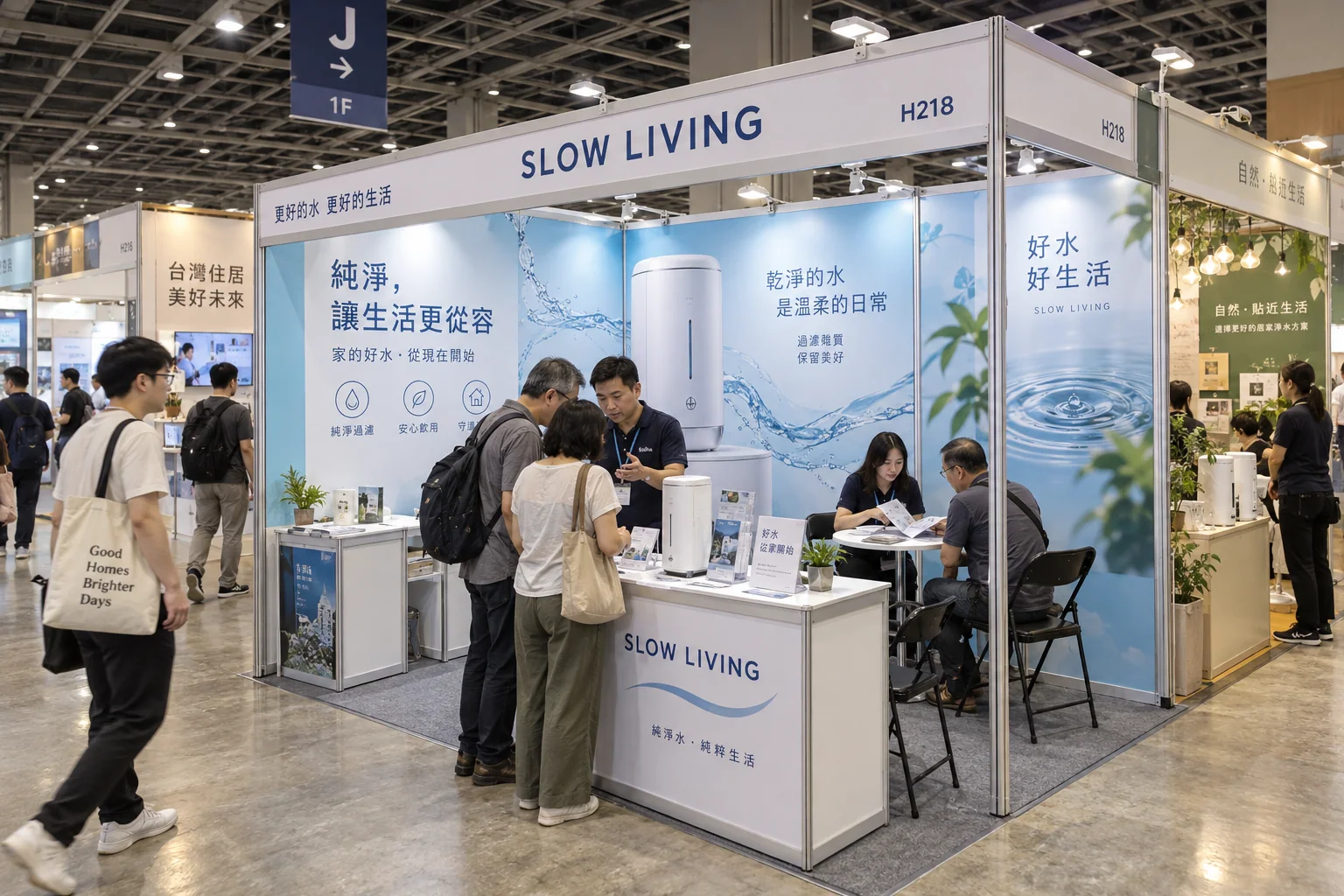 日常之間|藍白圖文與橫式招牌構成展位,前方接待解說、後方安排洽談。