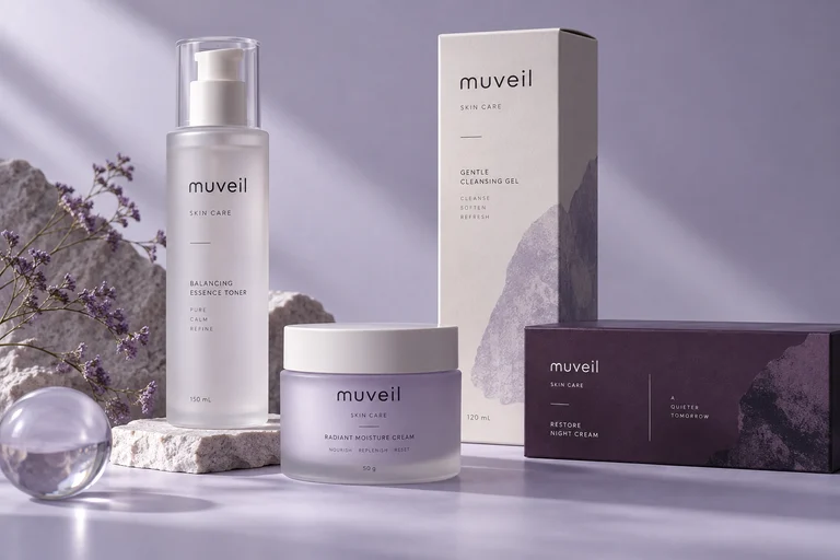 muveil，英文 Logo應用於瓶器・瓶貼・外盒