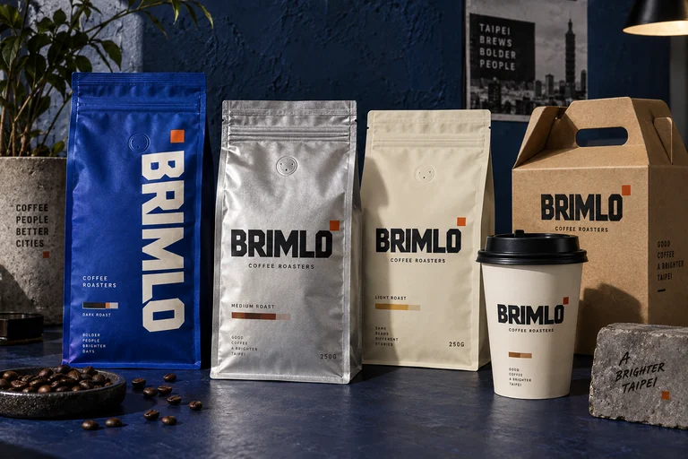BRIMLO，英文 Logo應用於咖啡豆袋・杯身・外帶盒