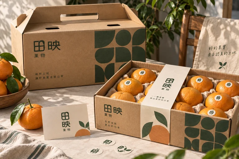 田映，中文 Logo應用於瓦楞紙箱・果物禮盒・貼紙