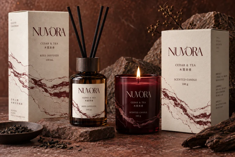 NUVORA，英文 Logo應用於香氛瓶・蠟燭杯・外盒