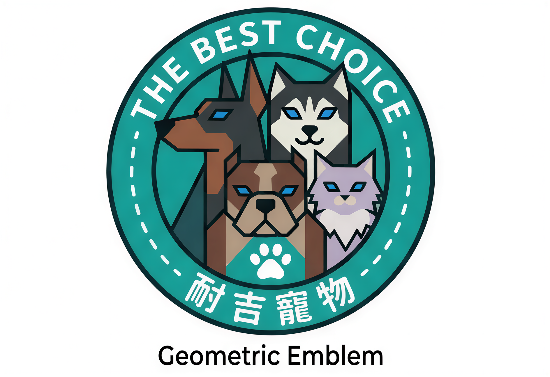 耐吉寵物既有圓形 Logo:青綠色徽章、四隻幾何動物及 THE BEST CHOICE 字樣