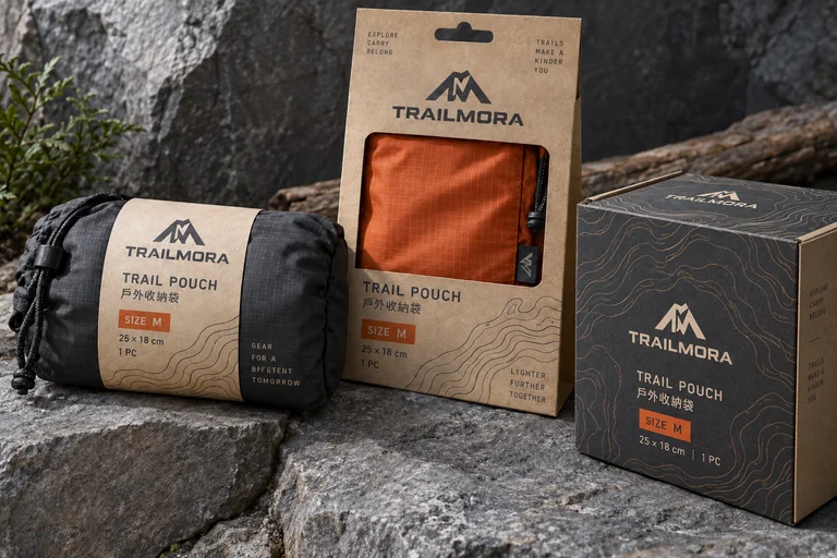 TRAILMORA，英文 Logo應用於掛卡・束帶・收納外盒